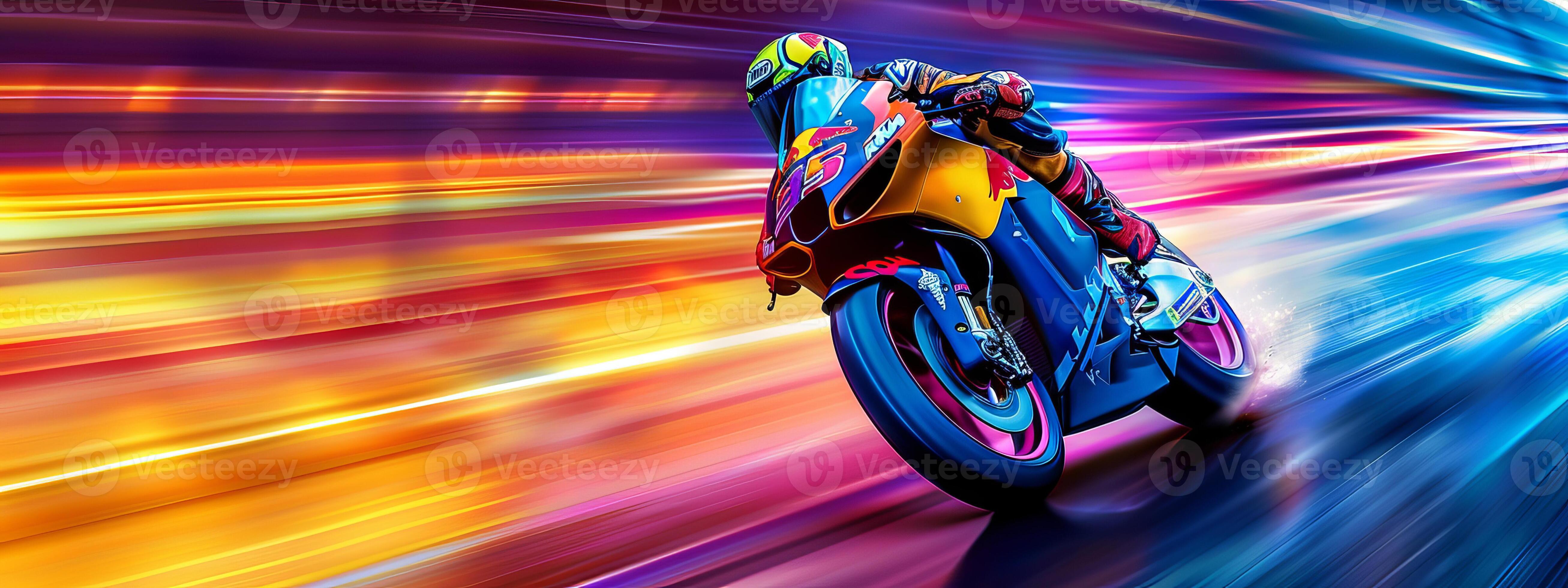 Red sportbike racer at speed on a racing circuit