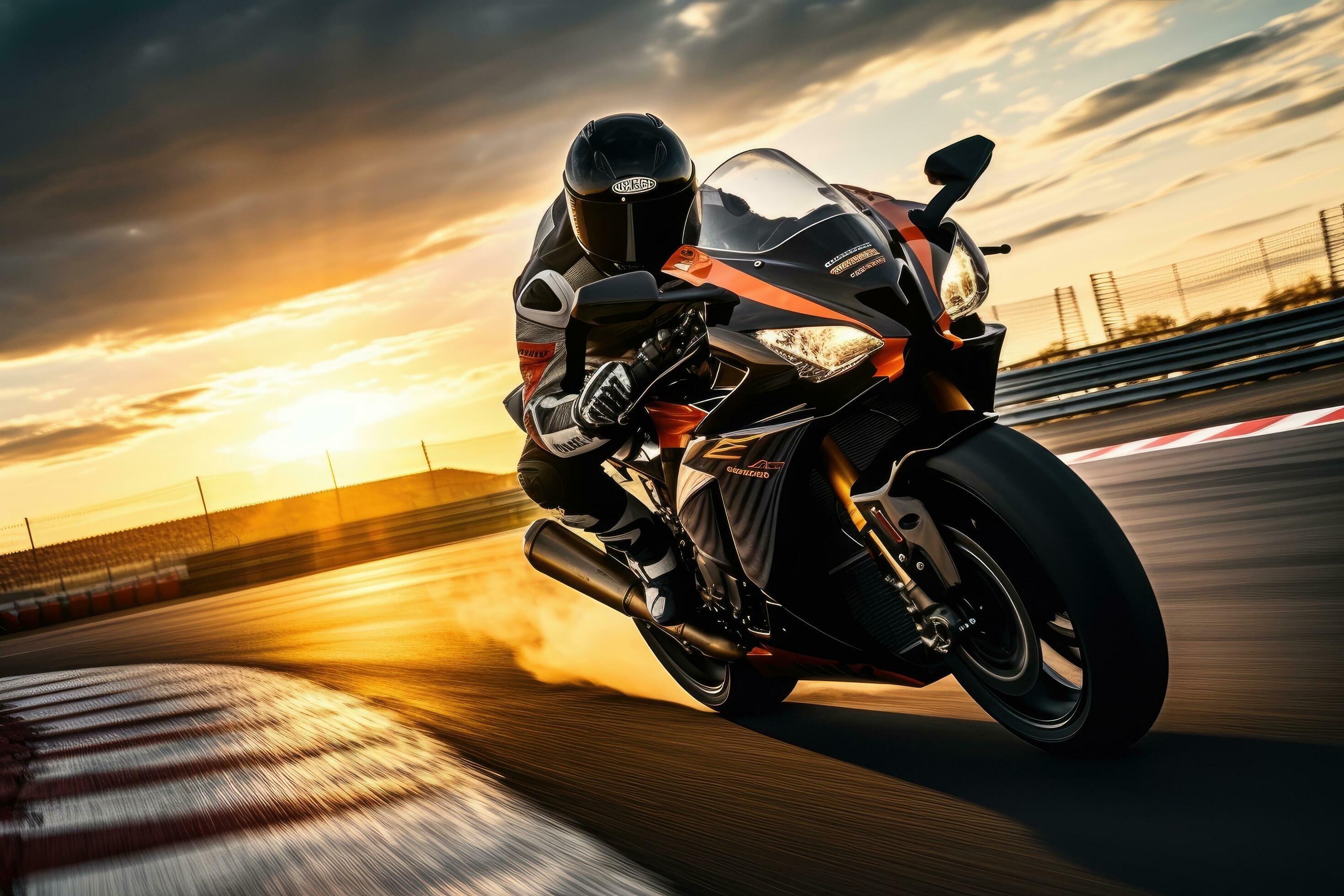 Sport motorcycle racer leaning into a corner at sunset on a race track
