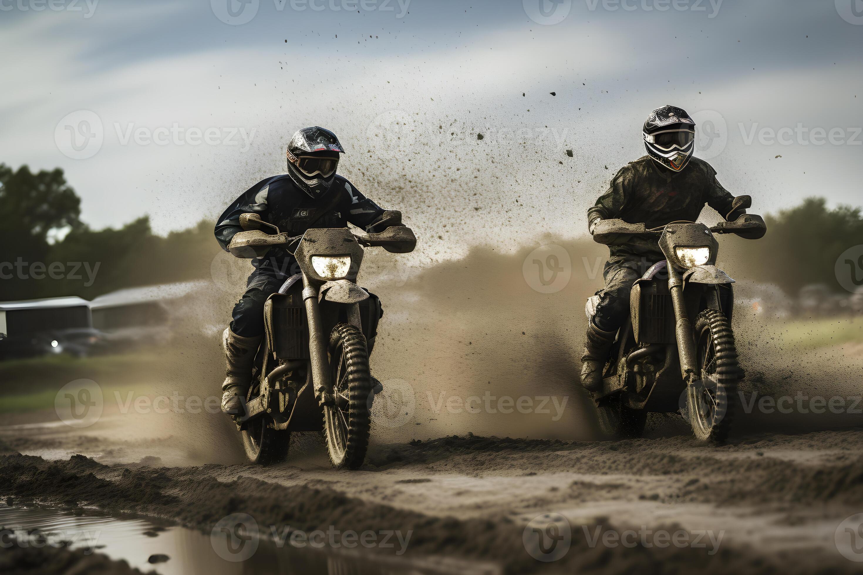 Motocross riders racing through a muddy dirt arena