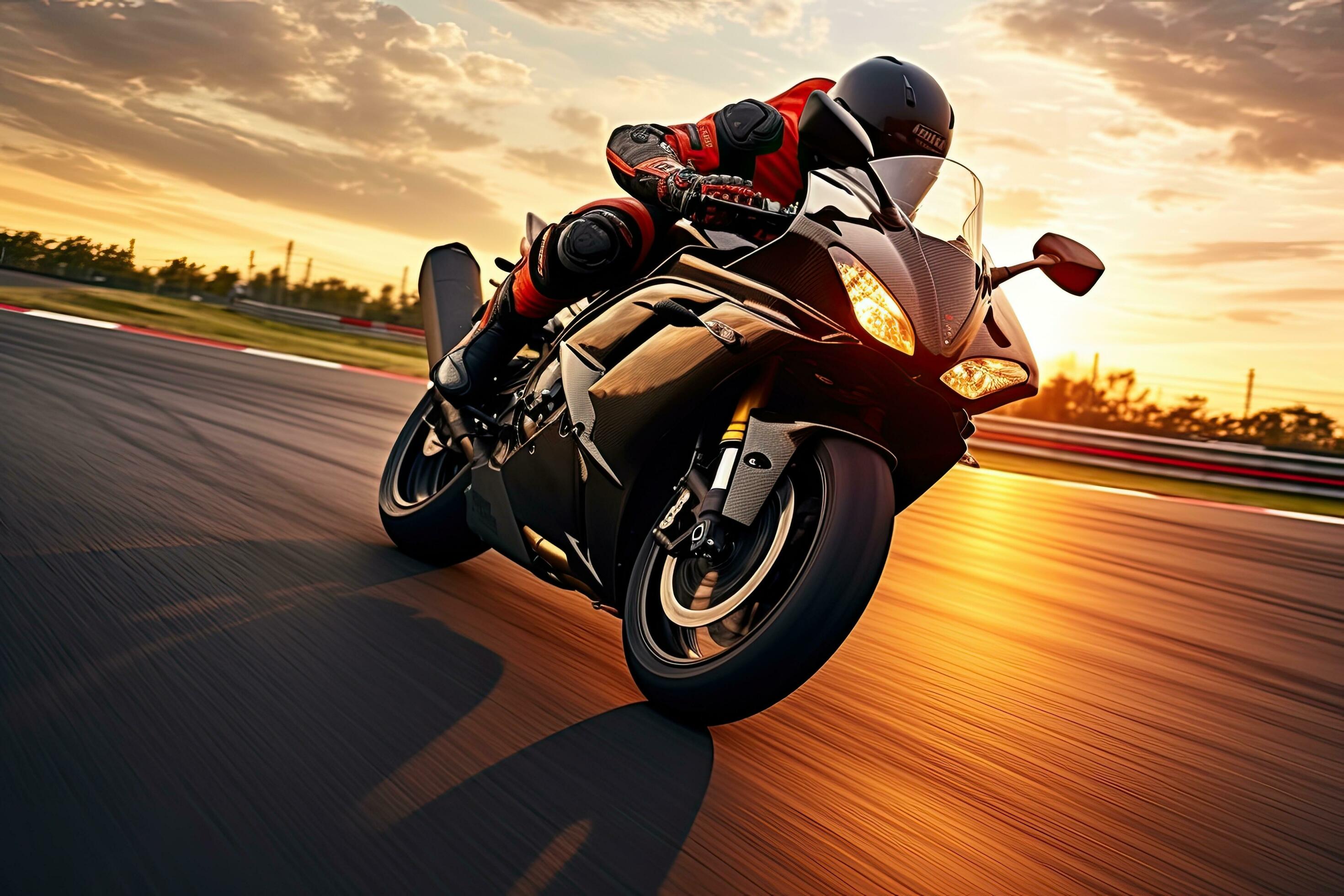Sport bike racer on track at sunset with motion blur